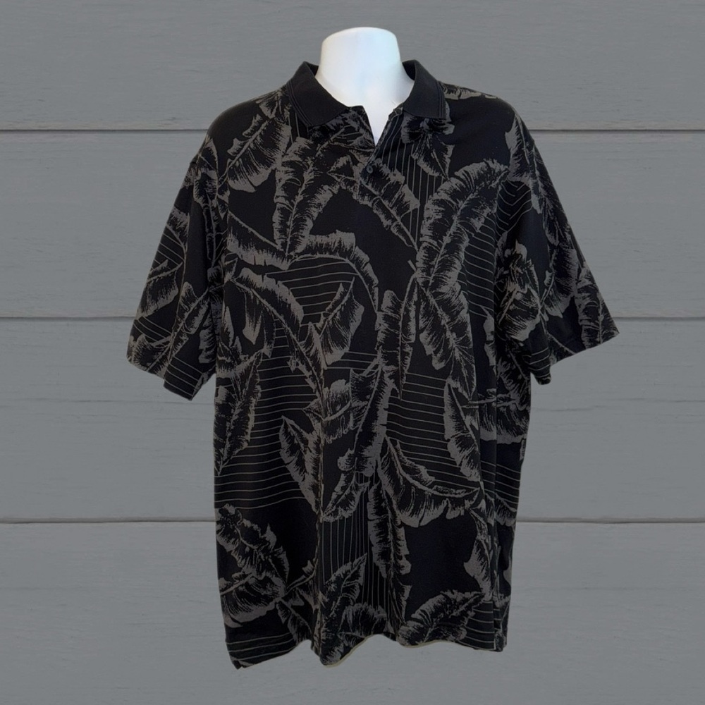 Cooke Street Hawaiian Islands Polo Men’s Size L | Black Tropical Leaf Print |